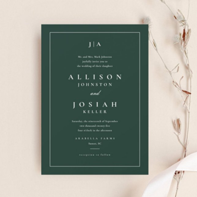 Classic Green Wedding Invitation (Elegant Dark Green Wedding Invitation.)