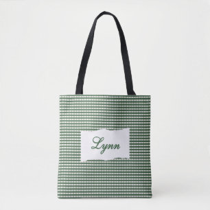 Classic Green & White Gingham Personalized Name Tote Bag
