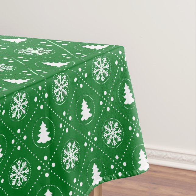 Classic Green White Snowflakes Christmas Trees Tablecloth (In Situ)