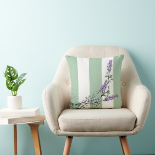Classic green white strips watercolor lavender cushion