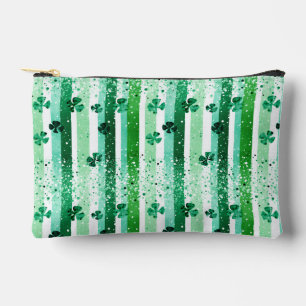 Classic Green White Vertical Stripes Shamrocks Accessory Pouch