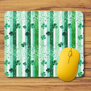 Classic Green White Vertical Stripes Shamrocks Mouse Mat