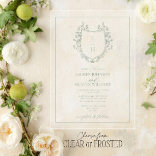 Classic Green Wildflower Monogram Crest Wedding Acrylic Invitations