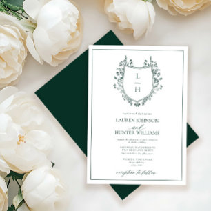 Classic Green Wildflower Monogram Crest Wedding Invitation