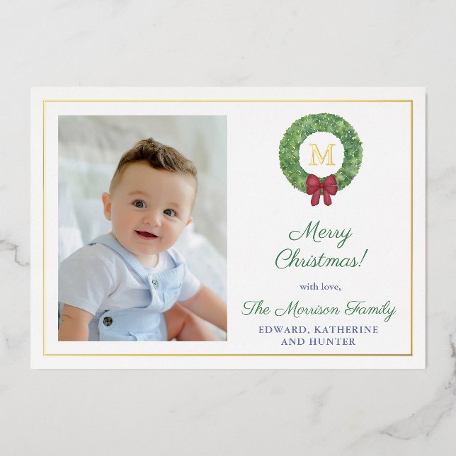 Classic Green Wreath Monogram Family Picture Gold Foil Holiday Card (Front)