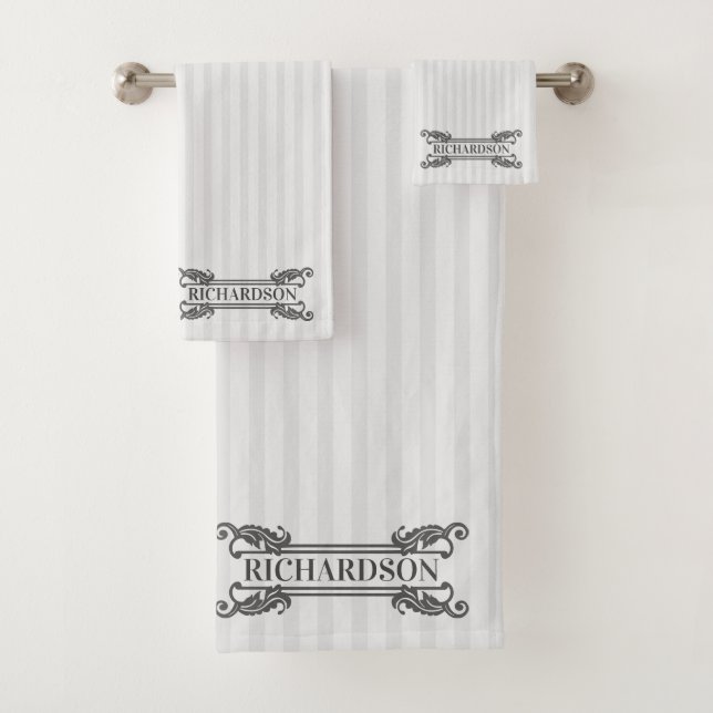 Classic Grey Acanthus Leaf Monogram Elegant Stripe Bath Towel Set (Insitu)