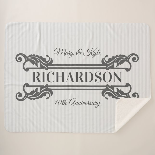 Classic Grey Acanthus Leaf Monogram Elegant Stripe Sherpa Blanket (Front (Horizontal))