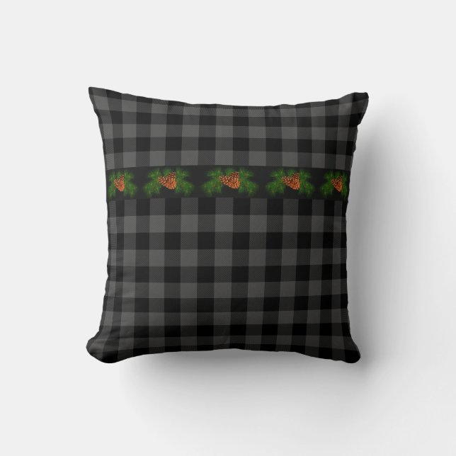 Classic grey and black plaid pine cone cushion (Front)