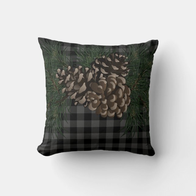 Classic grey and black plaid pine cone cushion (Front)