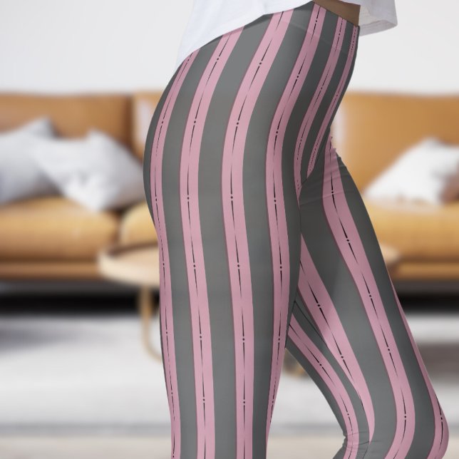 Classic Grey and Pink Strip Pattern Leggings (Classic Gray and Pink Strip Pattern Leggings)