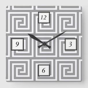 Classic Grey and White Greek Key Pattern Square Wall Clock
