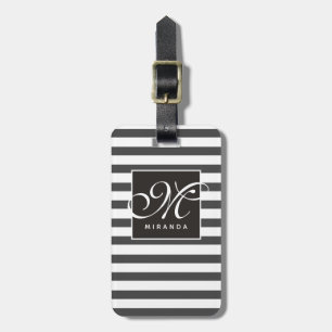 Classic Grey and White Striped Script Monogram Luggage Tag