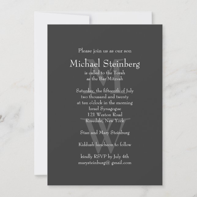 Classic Grey Bar Mitzvah Invitation (Front)