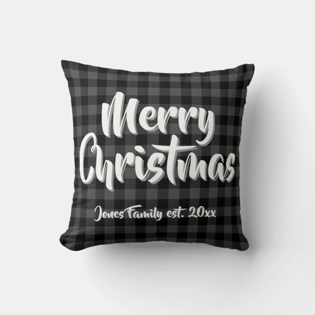 Classic grey black buffalo plaid personalised cushion (Front)