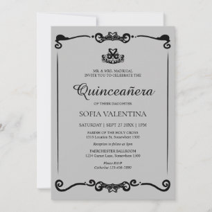 Classic Grey Black Tiara Quinceanera Invitation