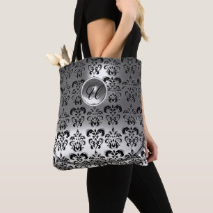 CLASSIC GREY BLACK WHITE DAMASK GEMSTONE MONOGRAM TOTE BAG