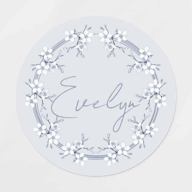 Classic Grey Blue Flower Design Round Labels (Design 1)