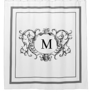 Classic grey Border Script Monogram  Shower Curtai Shower Curtain