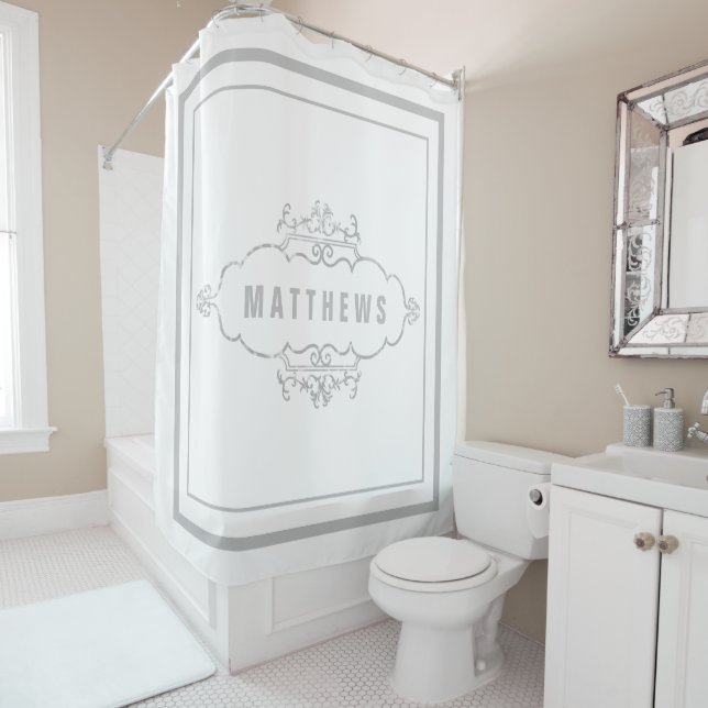 Classic grey Border Script Monogram Shower Curtain (In Situ)