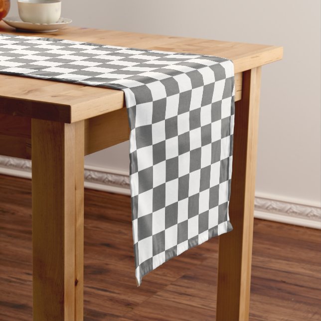 Classic grey chequerboard short table runner (In Situ)