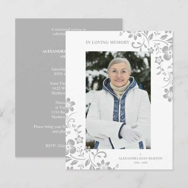 Classic Grey Floral Funeral Service Dear One Photo Card (Front/Back)