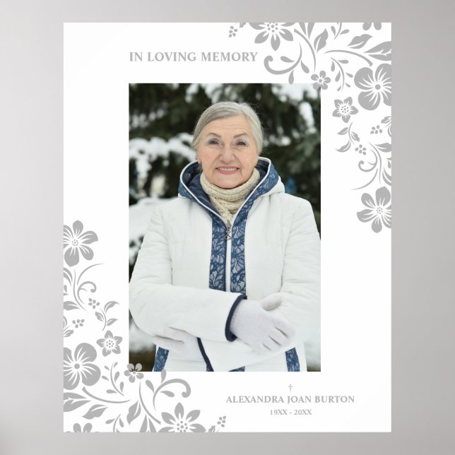 Classic Grey Floral Funeral Service Dear One Photo Poster (Front)