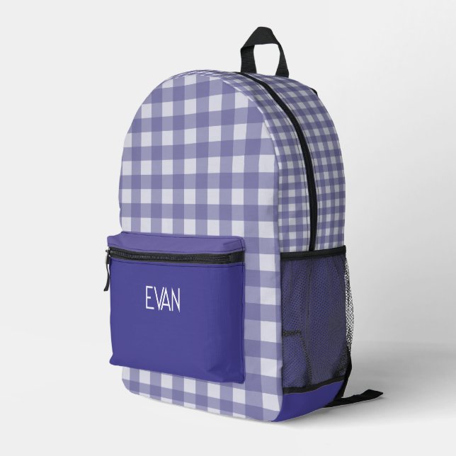 Classic Grey Gingham Pattern Personalised School Printed Backpack (Back Corner Right)