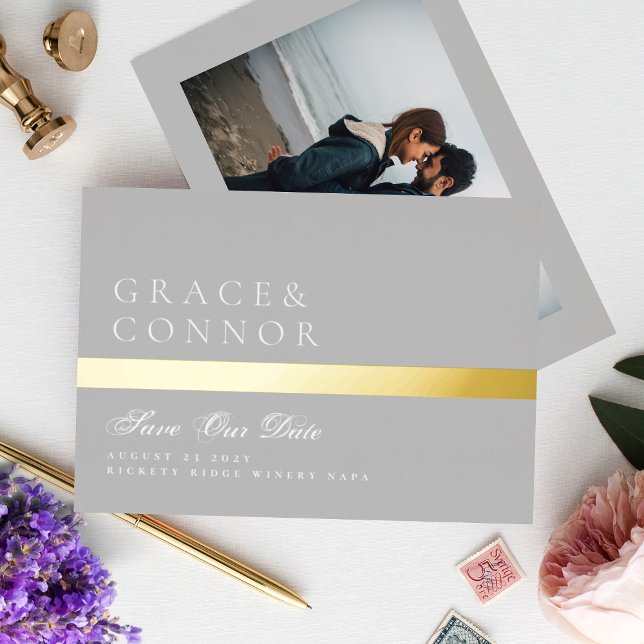 Classic Grey Golden Stripe Photo Save The Date (Creator Uploaded)