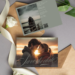 Classic Grey Green Calligraphy QR Code Two Photo Save The Date
