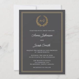 Classic Grey Laurel Wreath Monogram Elegant Photo Invitation