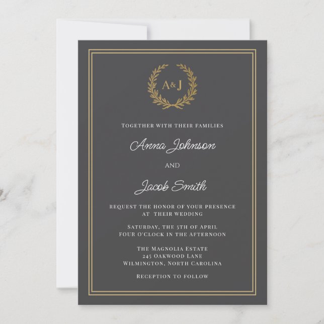 Classic Grey Laurel Wreath Monogram Elegant Photo Invitation (Front)