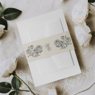 Classic Grey Monogram Formal Florals Wedding Invitation Belly Band