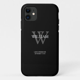 Classic Grey Monogram White Name Black Groomsman iPhone 11 Case