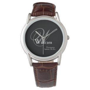 Classic Grey Monogram, White on Black Groomsman Watch