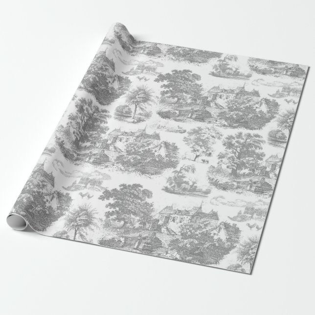 Classic Grey Vintage French Chateau Toile Wrapping Paper (Unrolled)