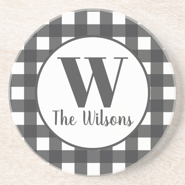 Classic Grey White Buffalo Plaid Monogram Coaster (Front)