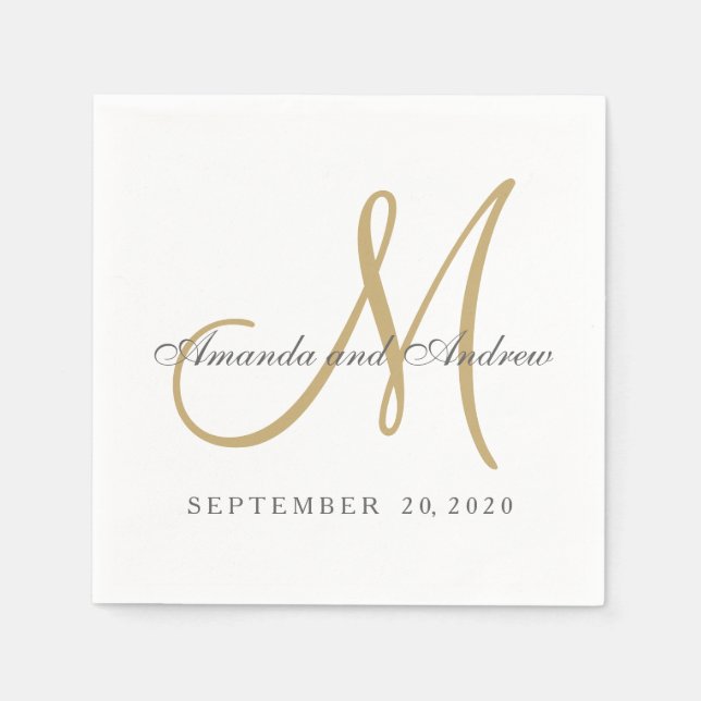 Classic Grey White Gold Monogram Elegant Wedding Napkin (Front)