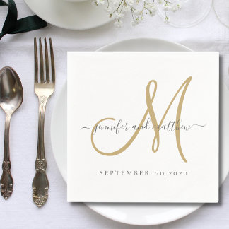 Classic Grey White Gold Monogram Elegant Wedding Napkin