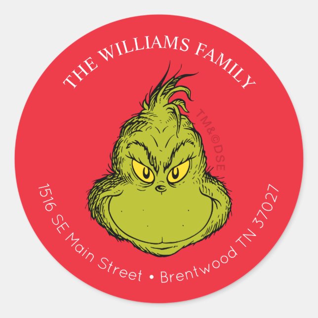 Classic Grinch | Christmas Address Round Sticker (Front)