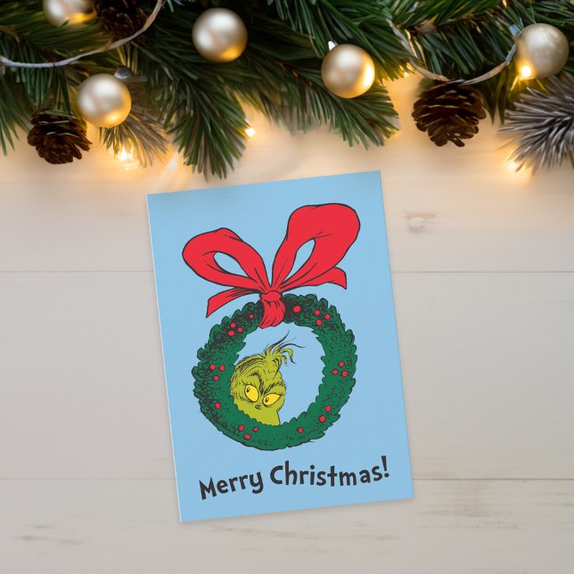 Classic Grinch | Christmas Wreath Holiday Card (Card on table)