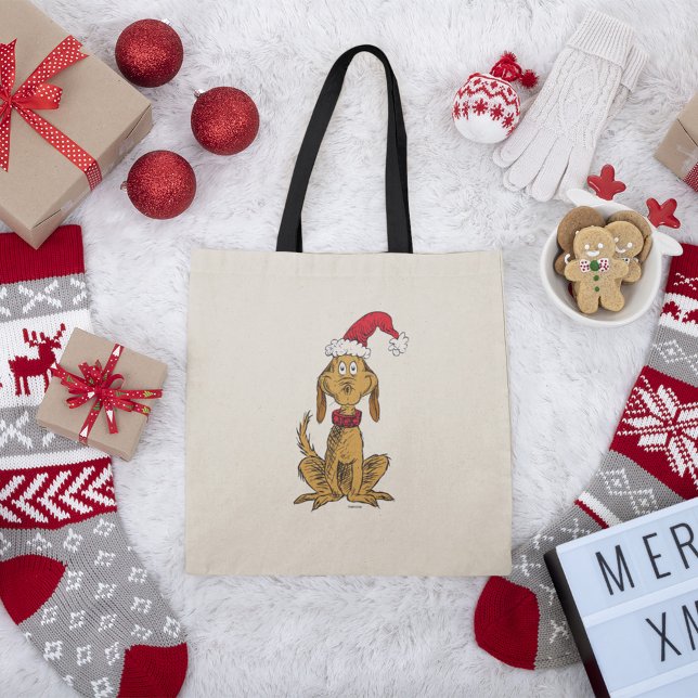 Classic Grinch | Max - Santa Hat Tote Bag (Tote bag on Christmas background)