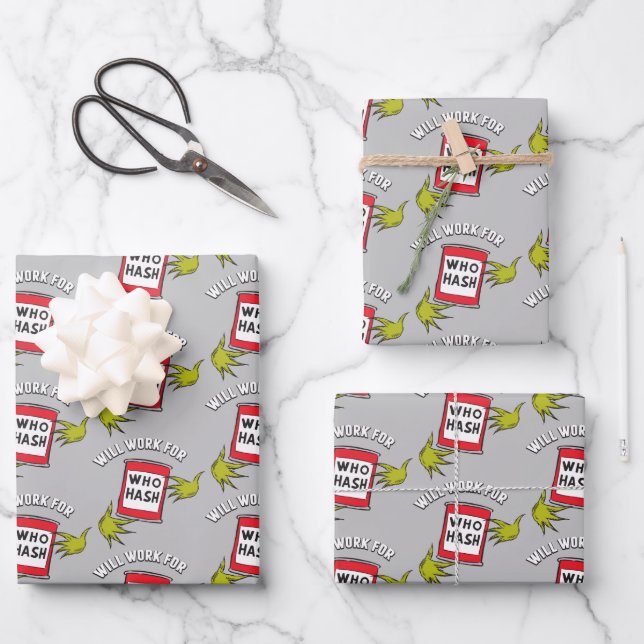 Classic Grinch | Will Work for Who Hash Quote Wrapping Paper Sheet (Front)