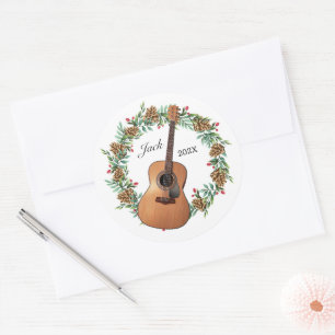 Classic Guitar Christmas Wreath Pine Cones Music Round Sticker