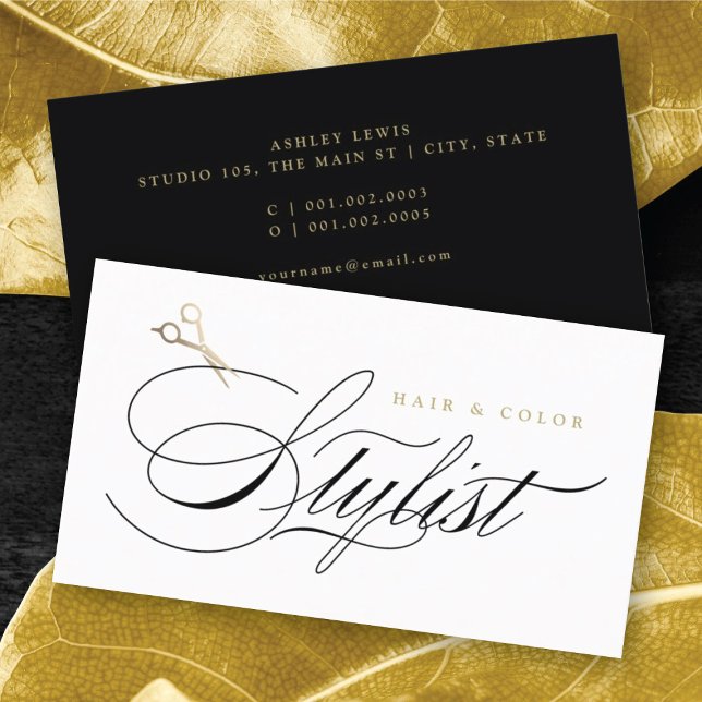Classic Hair Stylist Calligraphy Gold Scissors Business Card (Classic Hair Stylist Calligraphy Gold Scissors Business Card by fatfatin @ color_therapy)