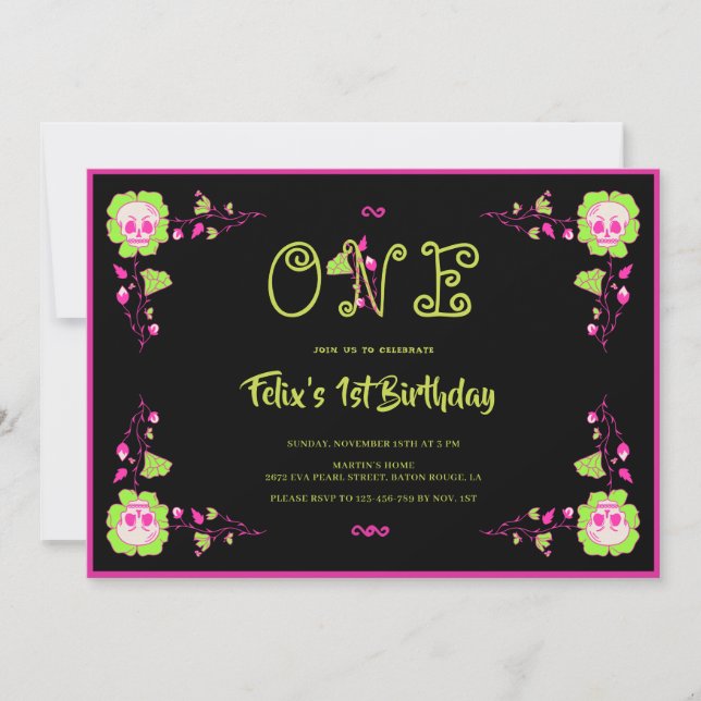 Classic Halloween Black & Pink Skull 1st Birthday Invitation (Front)