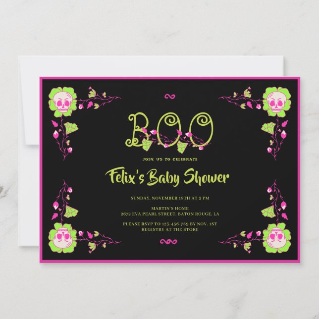 Classic Halloween Black & Pink Skull Baby Shower Invitation (Front)
