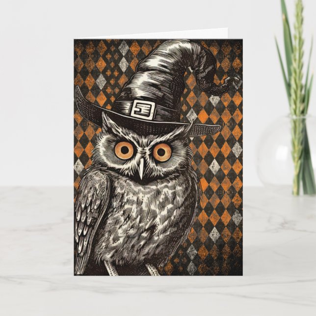 Classic Halloween Owl with Witch’s Hat Card (Front)
