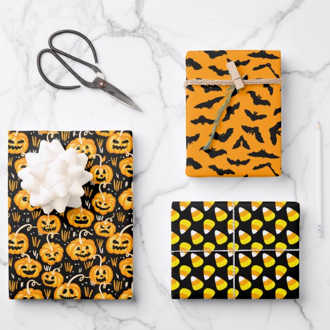 Classic Halloween Patterns - Black and Orange Wrapping Paper Sheet (Front)