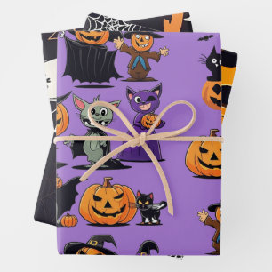 Classic Halloween Pumpkin Carving Black Cat Skulls Wrapping Paper Sheet