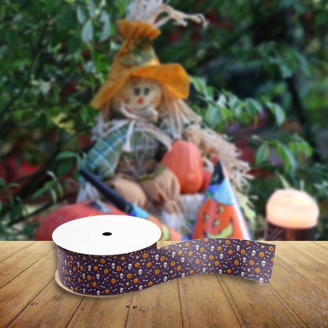 Classic Halloween Themed Pattern Dark Purple Grosgrain Ribbon (Creator Uploaded)
